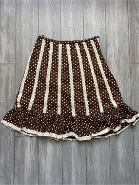 tease petites Brown and White Polka Dot Ruffle Hem Skirt Midi Lace Cotton